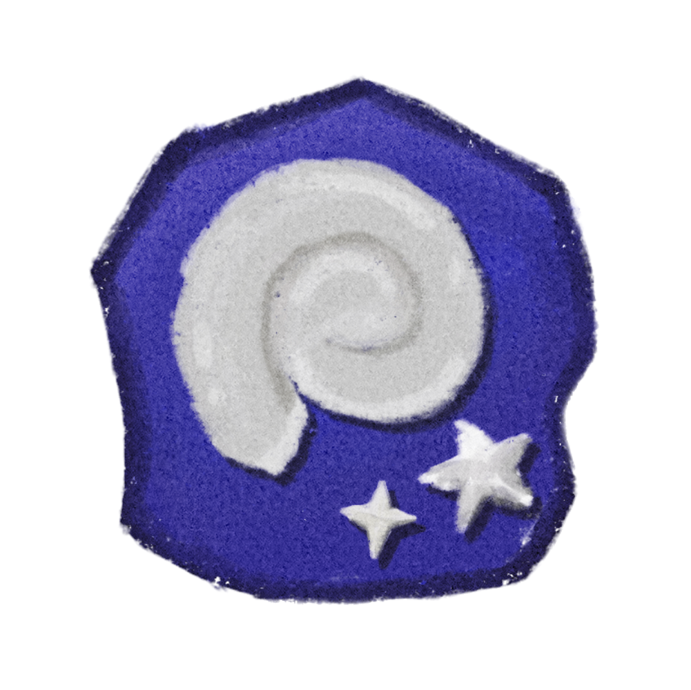 a deep blue purple rock with a white spiral on the center with two little stars on the bottom right, stylized from animal crossing